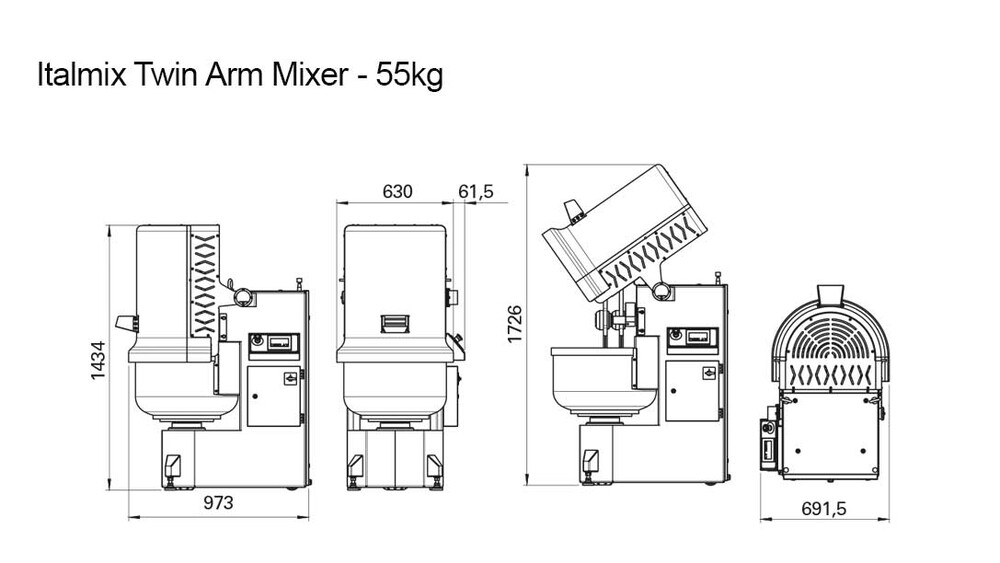 Professionell degblandare för bageri bagare italmix twin arm mixer 55kg måttskiss sveba dahlen