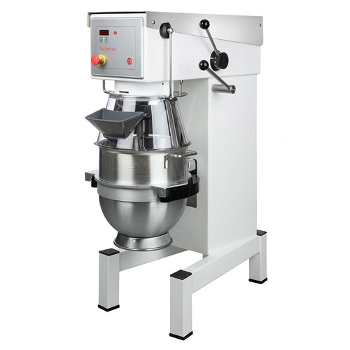 Vispmaskin från Varimixer, AR30, med manuell hastighetsreglering. Utförande i vitt. Säkerhetsskydd i plast. Vispmaskiner från Varimixer säljes av Sveba Dahlen.